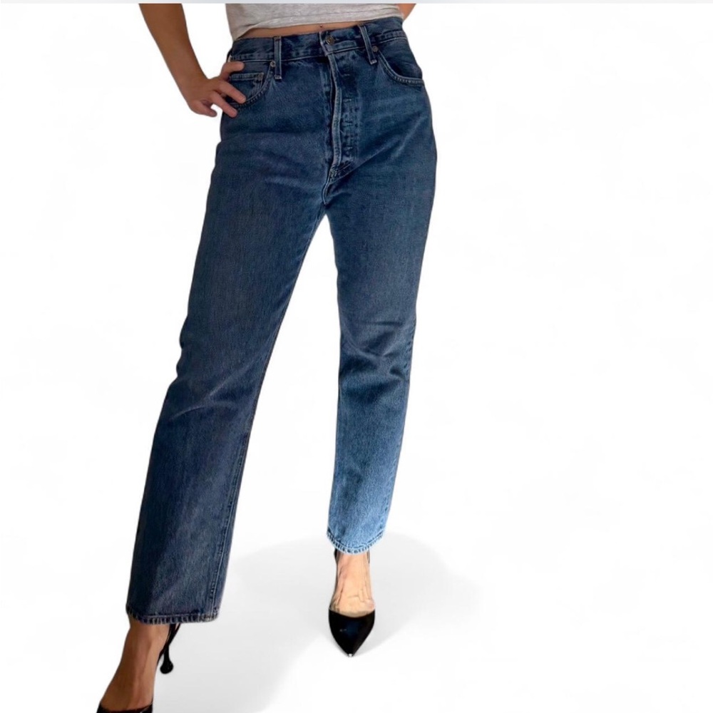 AGOLDE muted dark wash blue denim Portrait 90s Pinch Waist straight leg jeans